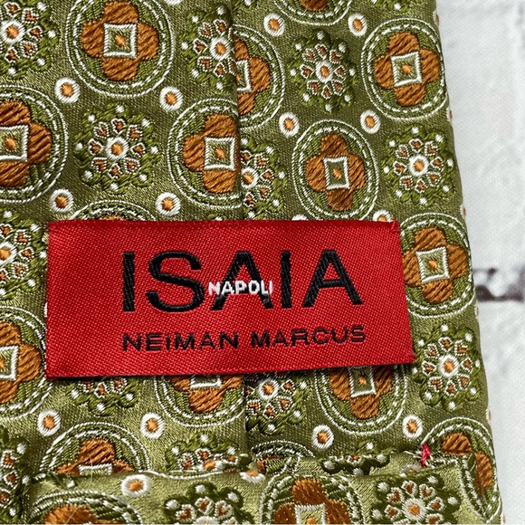 Isaia napoli 7-fold tie - Gem Isaia Napoli For Neiman Marcus Green And Bronze Medallion Print Silk 7 Fold Tie